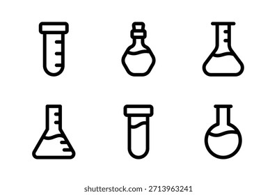 Colección moderna del icono del frasco con símbolos limpios de la química del laboratorio diseñada para las herramientas de la ciencia del análisis de experimentos y los proyectos de investigación profesionales
