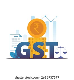Moderne 2D-Darstellung des GST-Systems mit Geschäftsleuten, die Steuern, Rechnungen, Wachstumskurven und Finanzberichte verwalten