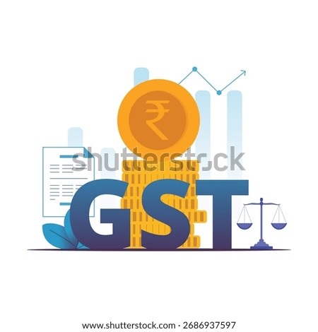 Modern flat 2D illustration of GST system with businessmen managing taxes, invoices, growth charts, and financial reports