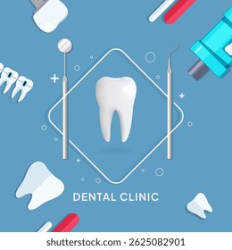 Modern flat 3D illustration of dental clinic concept with realistic tooth, dental tools, implants, and instruments on light blue background. Ideal for dentistry promotion and oral healthcare visuals