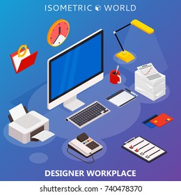 Modern flat 3d isometric concept of workplace with computer and office equipment. Vector infographics collection.