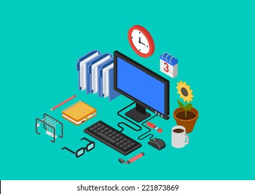 Modern flat 3d isometric design concept office interior computer table workplace monitor keyboard glasses coffee mouse pc diary planner vector web banners illustration website infographics collection