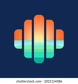 Modern, Flat, Abstract Panoramic Ocean Sunset Vector Design Illustration