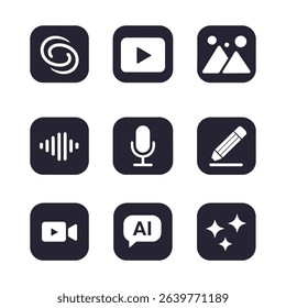 Modern flat AI and media icon set in black and white for audio, video, image, and creative editing applications