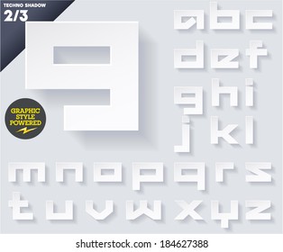 Modern flat alphabet for infographics with long ambient shadow. Techno  White Small case