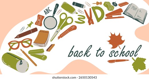 Fondo plano moderno con útiles escolares. Vector de fondo simple de vuelta a la escuela.
