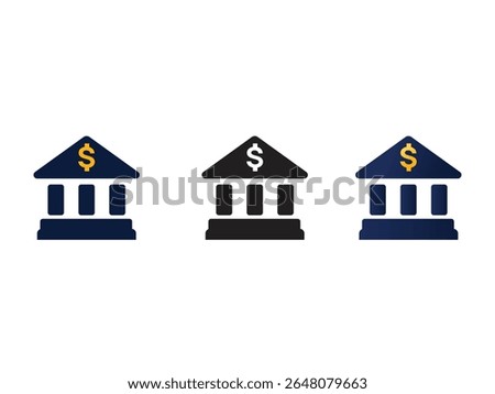 Modern flat bank building icon with dollar sign for finance, banking apps, savings, investments, and corporate money concepts. Editable vector for business use.