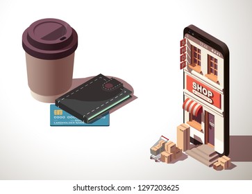 Modern flat banner design Shopping Online isometric on Website or Mobile Application Concept ecommerce. isometry view online store in smartphone isolated on white. business card with shop isometric