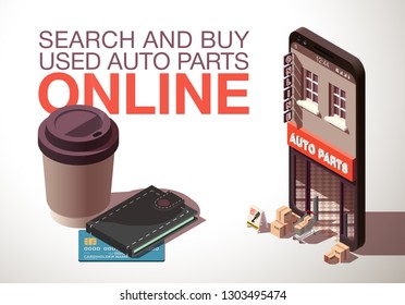 Modern flat banner design Shopping Online isometric on Website or Mobile Application Concept ecommerce. isometry view online store in smartphone isolated on white. business card with shop isometric