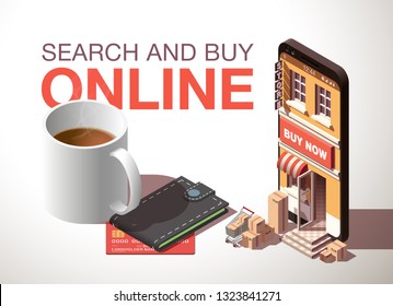 Modern flat banner design Shopping Online isometric on Website or Mobile Application Concept ecommerce. isometry view online store in smartphone isolated on white. business card with shop isometric