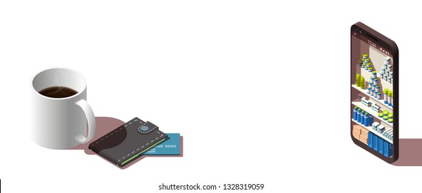 Modern flat banner design Shopping Online isometric on Website or Mobile Application Concept ecommerce. isometry view online store in smartphone isolated on white. business card with shop isometric