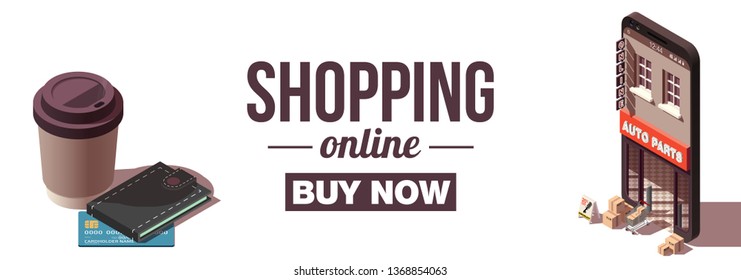 Modern flat banner design Shopping Online isometric on Website or Mobile Application Concept ecommerce. isometry view online store in smartphone isolated on white. business card with shop isometric