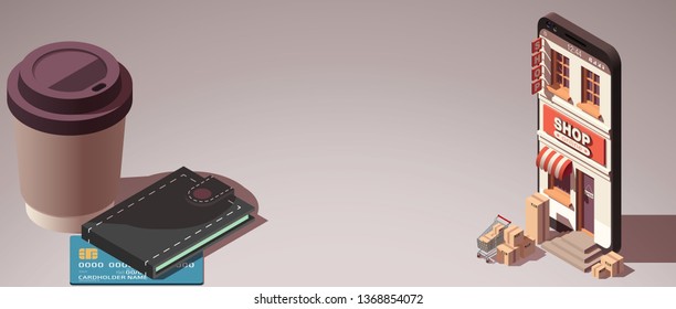 Modern flat banner design Shopping Online isometric on Website or Mobile Application Concept buy now ecommerce. isometry view online store in smartphone isolated. business card with shop isometric