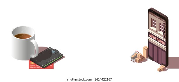 Modern flat banner design Shopping Online isometric on Website or Mobile Application Concept ecommerce. isometry view online store in smartphone isolated on white. business card with shop isometric