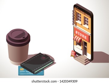 Modern flat banner design Shopping Online isometric on Website or Mobile Application Concept ecommerce. isometry view online store in smartphone isolated on white. business card with shop isometric