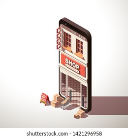 Modern flat banner design Shopping Online isometric on Website or Mobile Application Concept ecommerce. isometry view online store in smartphone isolated on white. business card with shop isometric