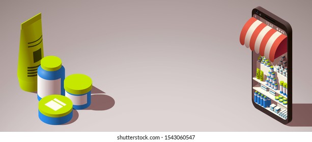 Modern flat banner design Shopping Online isometric on Website or Mobile Application Concept buy now ecommerce. isometry view online store in smartphone isolated. business card with shop isometric