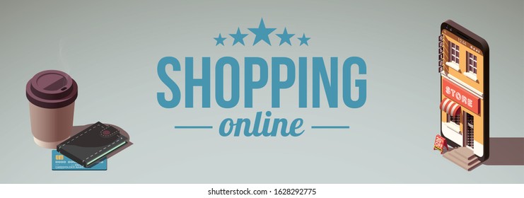 Modern flat banner design Shopping Online isometric on Website or Mobile Application Concept buy now ecommerce. isometry view online store in smartphone isolated. business card with shop isometric