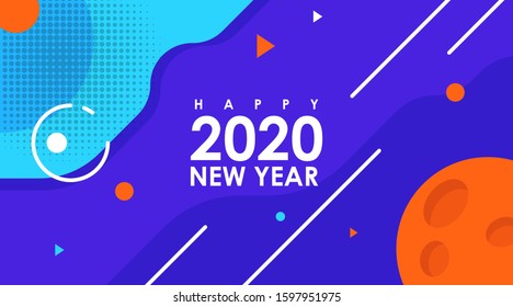 Modern Flat Banner of Happy New Year 2020 in Memphis Design