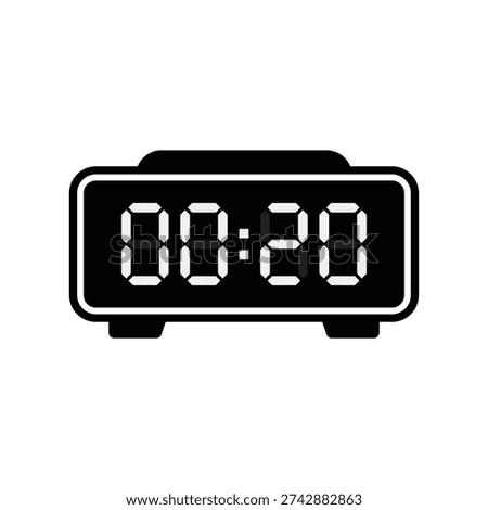 Modern flat black digital clock icon showing midnight twenty minutes for user interface design projects.