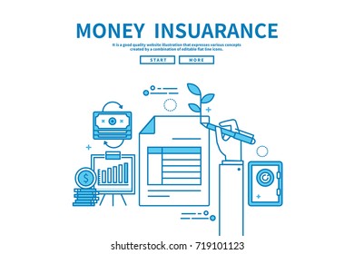 Modern flat blue color line vector editable graphic illustration, business finance concept, money Insurance