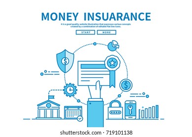 Modern flat blue color line vector editable graphic illustration, business finance concept, money Insurance