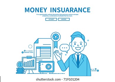 Modern flat blue color line vector editable graphic illustration, business finance concept, money Insurance