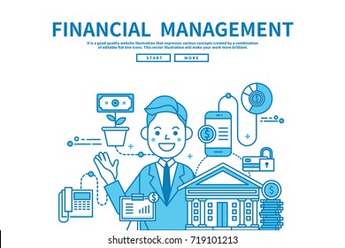 Modern flat blue color line vector editable graphic illustration, business finance concept, financial management