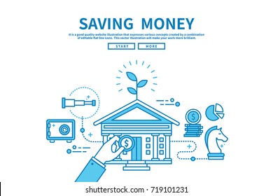 Modern flat blue color line vector editable graphic illustration, business finance concept, saving money