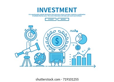 Modern flat blue color line vector editable graphic illustration, business finance concept, investment