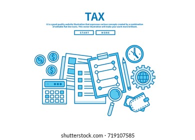Modern flat blue color line vector editable graphic illustration, business finance concept, tax