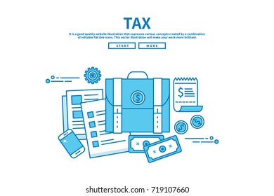 Modern flat blue color line vector editable graphic illustration, business finance concept, tax