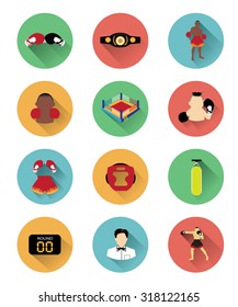Modern flat boxing icons set with long shadow effect