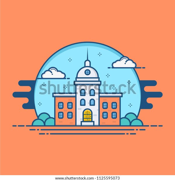 Modern flat building icon design with tree and\
clouds, colorful residential vector illustration template with blue\
sky background