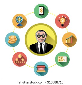 Modern flat business icons set with long shadow effect