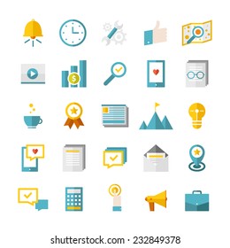 Modern flat business icons vector collection. Web design objects, SEO, business, office and marketing items. Isolated on white background