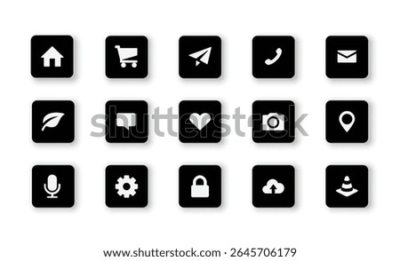 Modern Flat Business and Media Icons Set – Cloud Upload, Email, Chat, Location, Camera and More