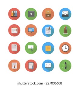 Modern flat business and office icons vector collection with long shadow effect