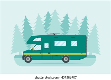 Modern flat camper van. Car for family travel on forest background. Concept of outdoor recreation and travel around the world. Poster, card, banner with place for text. Vector illustration.