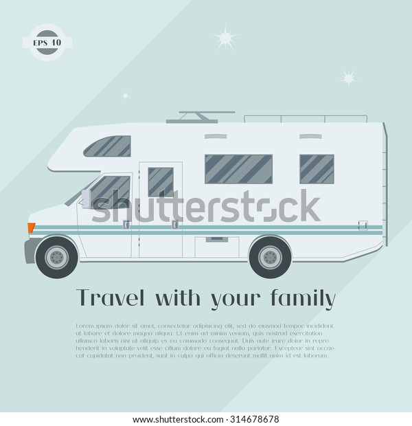 Modern flat camper van. Car for family\
travel. Concept of outdoor recreation and travel around the world.\
Poster, card, leaflet or banner template design with place for\
text. Vector\
illustration.