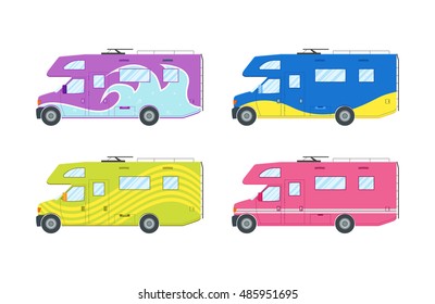 Modern flat camper van set. Car for family travel. Concept of outdoor recreation and travel around the world. Poster, card, leaflet or banner template design with place for text. Vector illustration