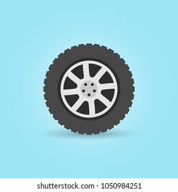 Modern flat car wheel vector icon or design element on blue background
