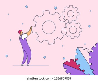 Modern flat cartoon character spinning connected cogs gears-brain work,business,web online concept.Hand drawn Flat style outline Character male person doing creative process on pink background