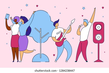 Modern flat cartoon characters doing self photo,express emotions on selfie camera in front of guitarist and singer,hand drawn style.Flat small people,cartoon girls spend fun happy time with music band
