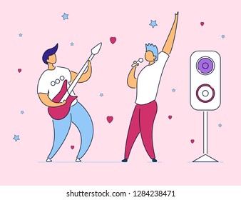 Modern flat cartoon characters musical band guitarist and singer on music fest,concert,open air,vector hand drawn style.Musicians with guitar and microphone playing music,jazz,rock,blues,rockabilly