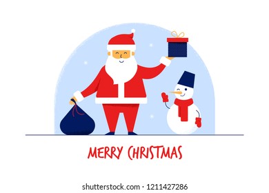 Modern flat cartoon characters Santa Claus with gift bag and Snowman,Merry Christmas New Year greeting card banner concept.Happy smiling flats popular winter mascots,gift boxes,celebration postcard