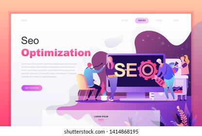 Modern flat cartoon design concept of SEO Optimization for website and mobile app development. Landing page template. Decorated people character for web page or homepage. Vector illustration.