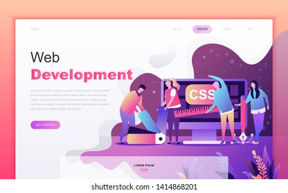 Modern flat cartoon design concept of Web Development for website and mobile app development. Landing page template. Decorated people character for web page or homepage. Vector illustration.