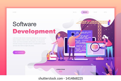 Modern flat cartoon design concept of Software Development for website and mobile app development. Landing page template. Decorated people character for web page or homepage. Vector illustration.