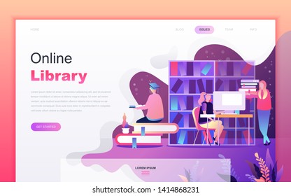 Modern flat cartoon design concept of Online Library for website and mobile app development. Landing page template. Decorated people character for web page or homepage. Vector illustration.